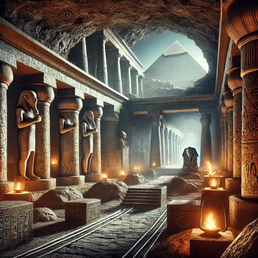Imagem realista de uma cidade subterrânea no Egito, com túneis ocultos, estruturas de pedra e hieróglifos nas paredes, iluminada por tochas, e as pirâmides de Gizé visíveis ao fundo.
