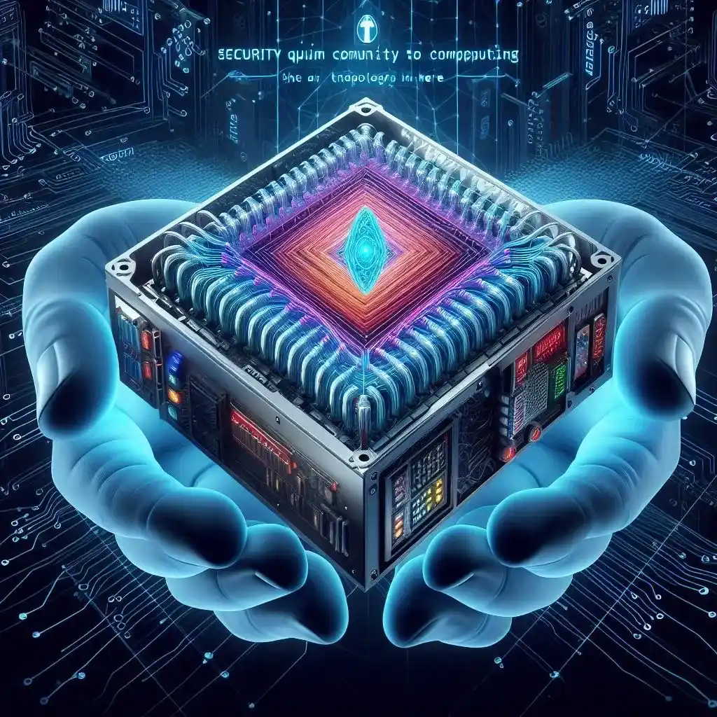 Imagem ilustrativa de computação quântica, mostrando um processador futurista envolto em mãos digitais e com circuitos tecnológicos ao fundo.