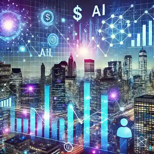 Representação futurista da economia digital com cidade iluminada, conexões de dados e gráficos financeiros emergindo de telas.