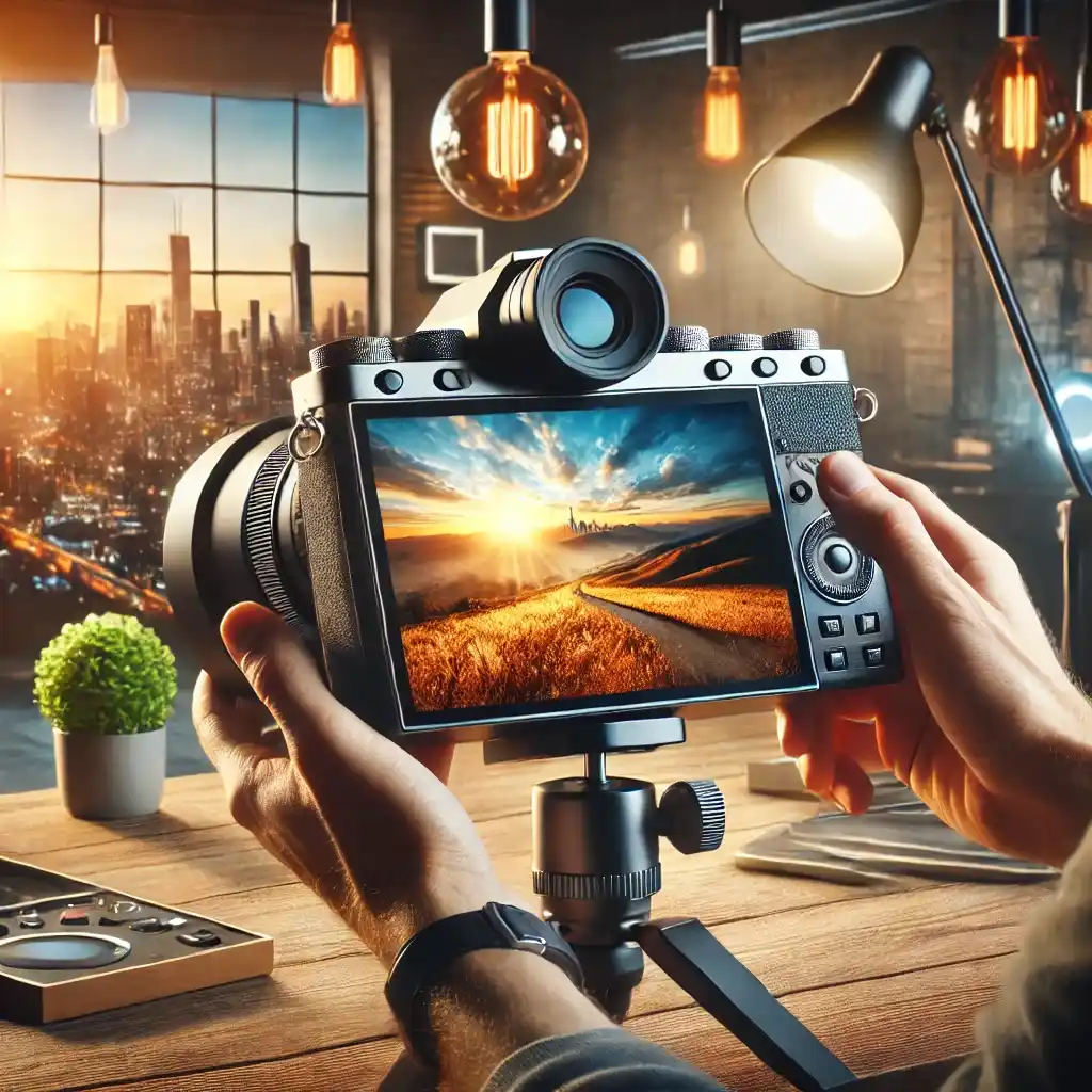 Fotógrafo profissional capturando uma paisagem impressionante com uma câmera de alta qualidade, utilizando um tripé em luz suave natural.