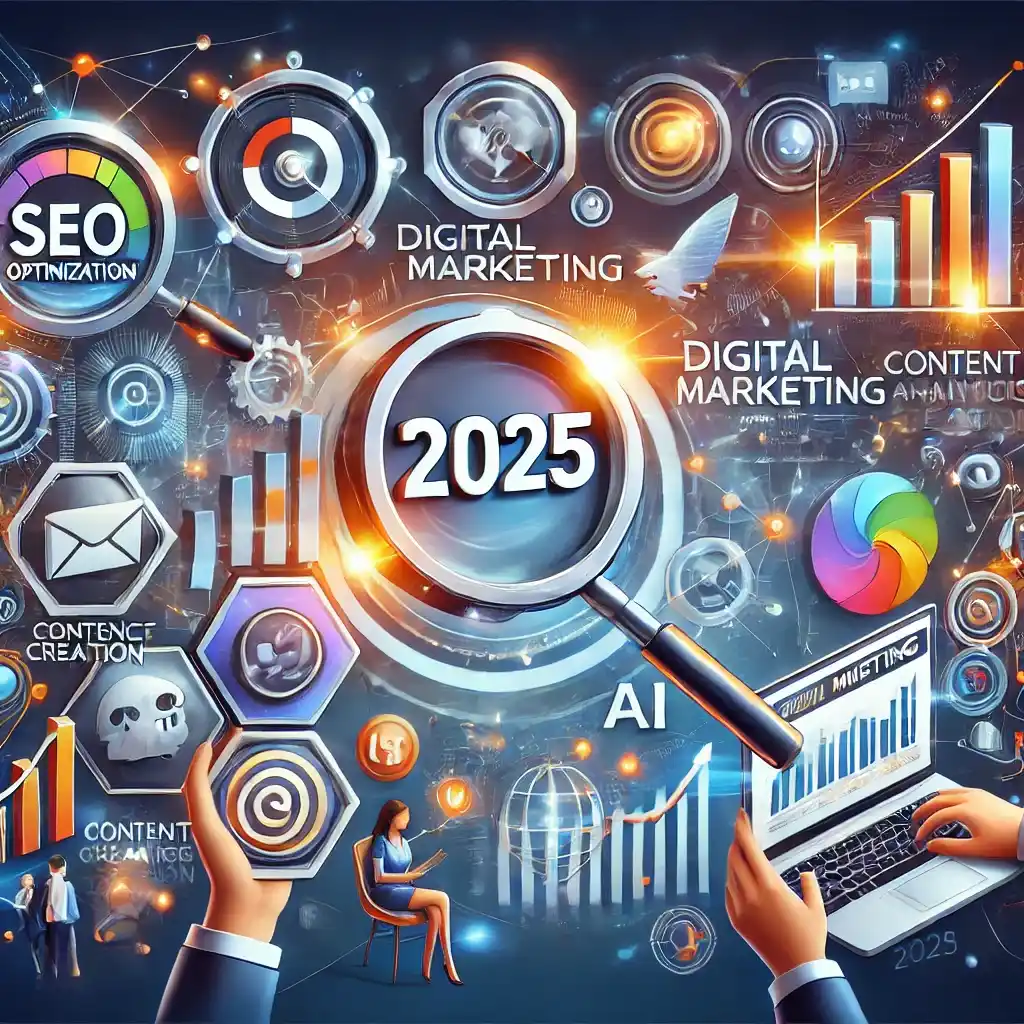 Ilustração moderna representando estratégias de Marketing Digital para 2025, incluindo SEO, redes sociais, criação de conteúdo e tecnologias como IA e automação.