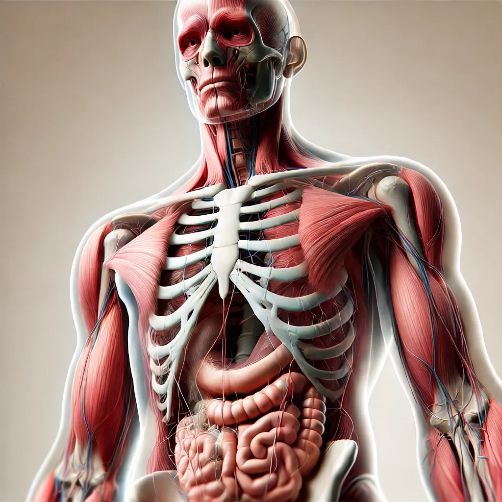 Ilustração realista e detalhada do corpo humano, mostrando a anatomia completa, incluindo sistema esquelético, músculos e órgãos.