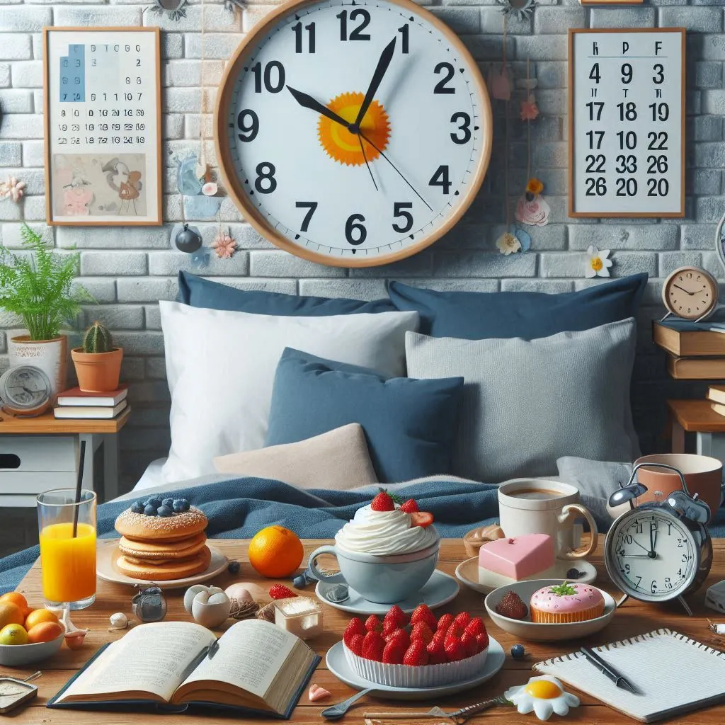 Uma ilustração realista apresentando os 7 hábitos matinais para um dia mais produtivo, mostrando elementos como um despertador, livro, xícara de café e lista de tarefas.