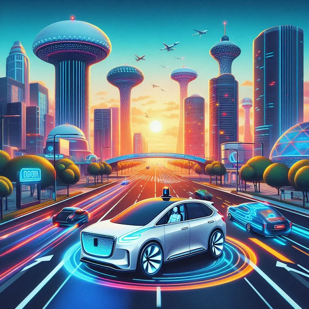 Uma cidade futurista ao entardecer, com arranha-céus de design inovador e carros autônomos circulando em uma avenida iluminada por luzes neon.