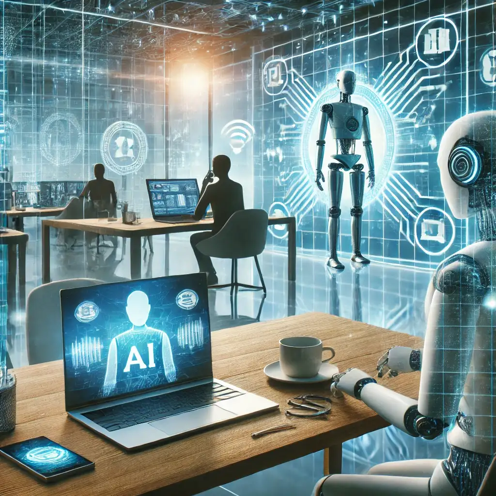 Ambiente de trabalho futurista mostrando o impacto das tecnologias emergentes no mercado de trabalho, com IA, robôs e videoconferência.