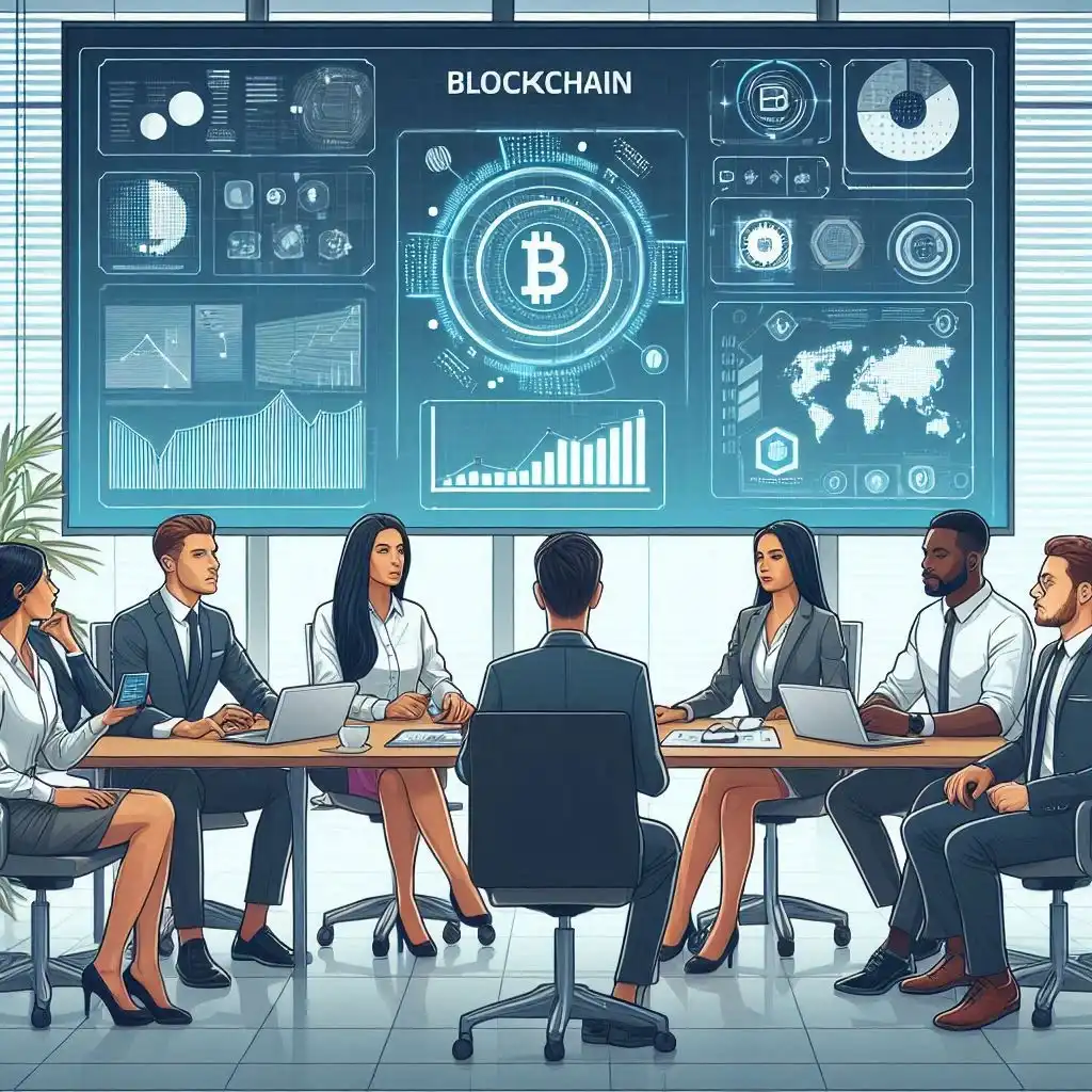 Representação visual do conceito de blockchain e sua aplicação nos negócios, destacando elementos como cadeias digitais, conectividade e inovação tecnológica.