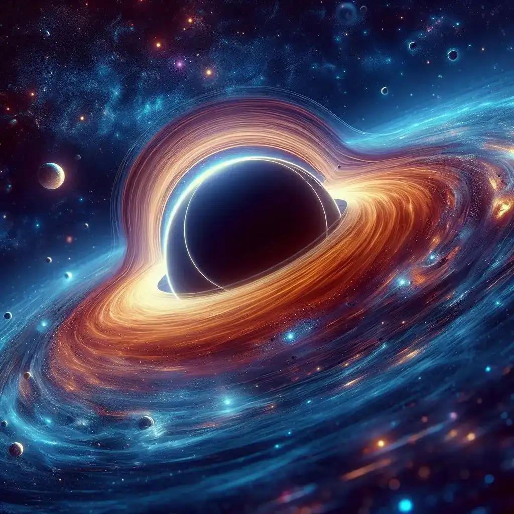 Ilustração realista de um buraco negro no espaço, com efeitos de luz e matéria sendo atraída para seu horizonte de eventos.