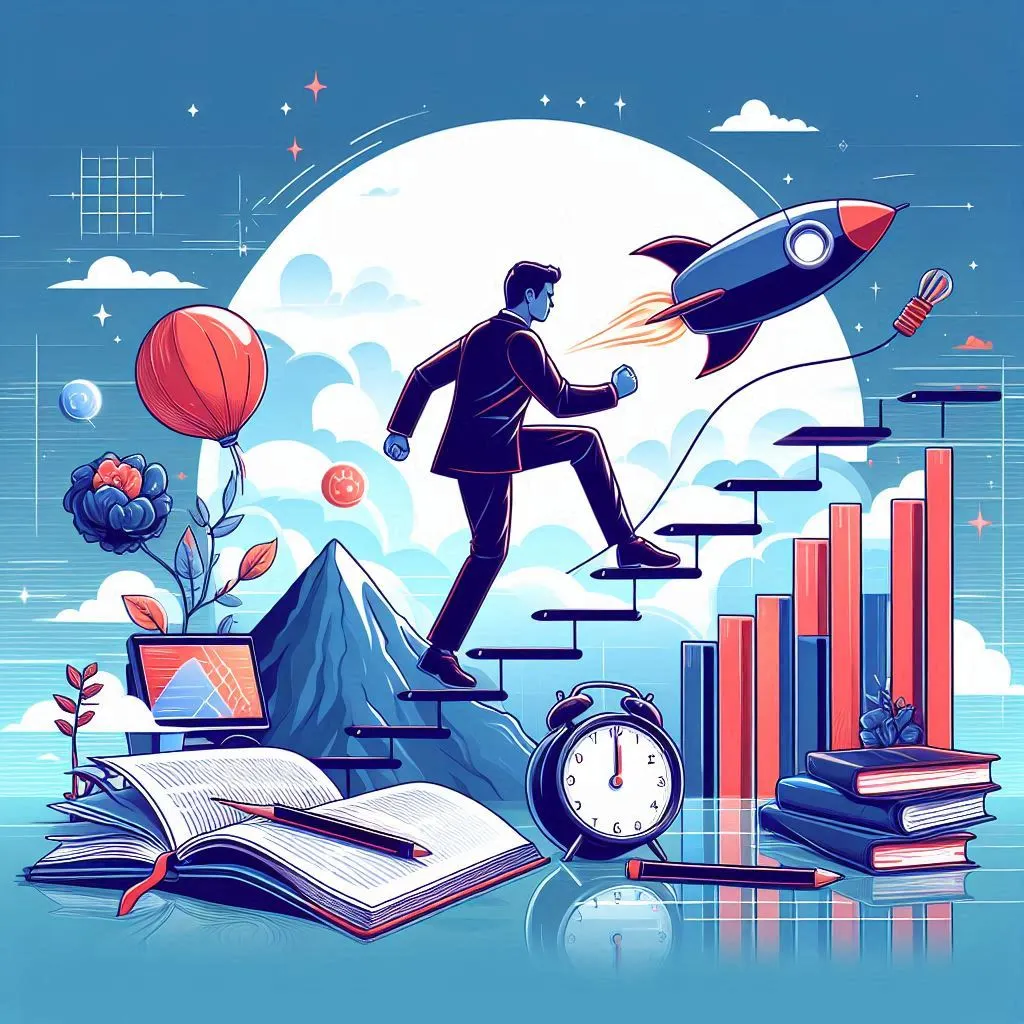 Ilustração representando os 7 passos para desenvolver a autodisciplina, com elementos visuais que simbolizam progresso e sucesso.