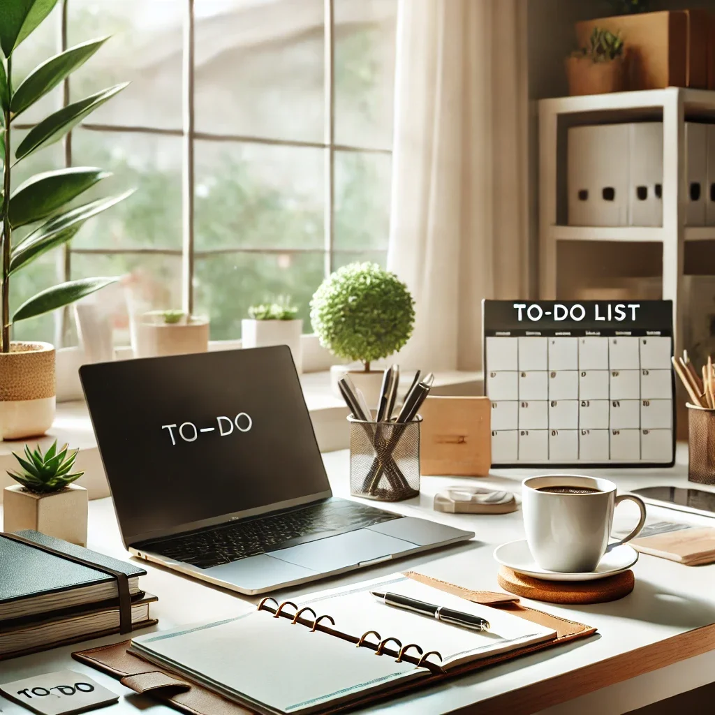 Como Melhorar Sua Produtividade: Ambiente de trabalho organizado com um laptop, planner, xícara de café e uma planta, criando uma atmosfera produtiva e eficiente.