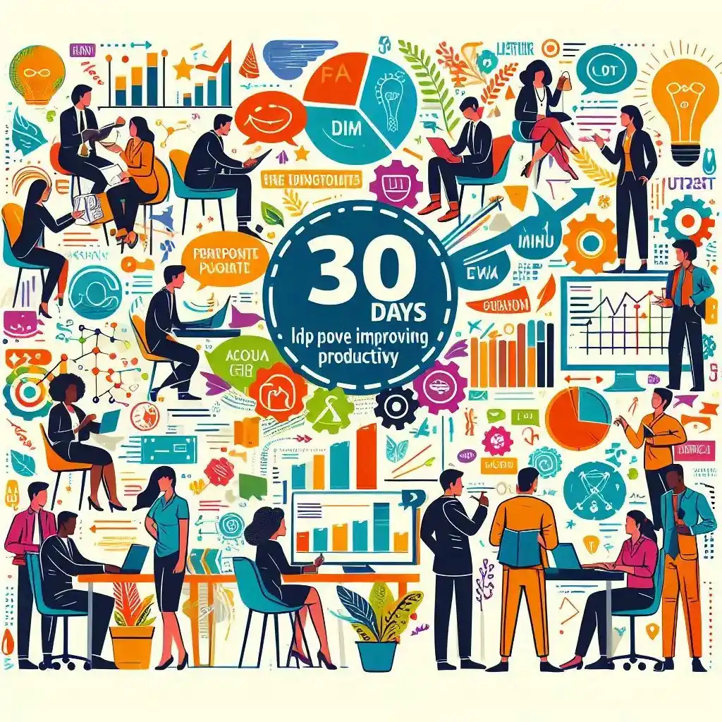Uma ilustração realista representando o conceito de melhorar a produtividade em 30 dias, com elementos como um calendário, tarefas organizadas e pessoas trabalhando em um ambiente motivador.
