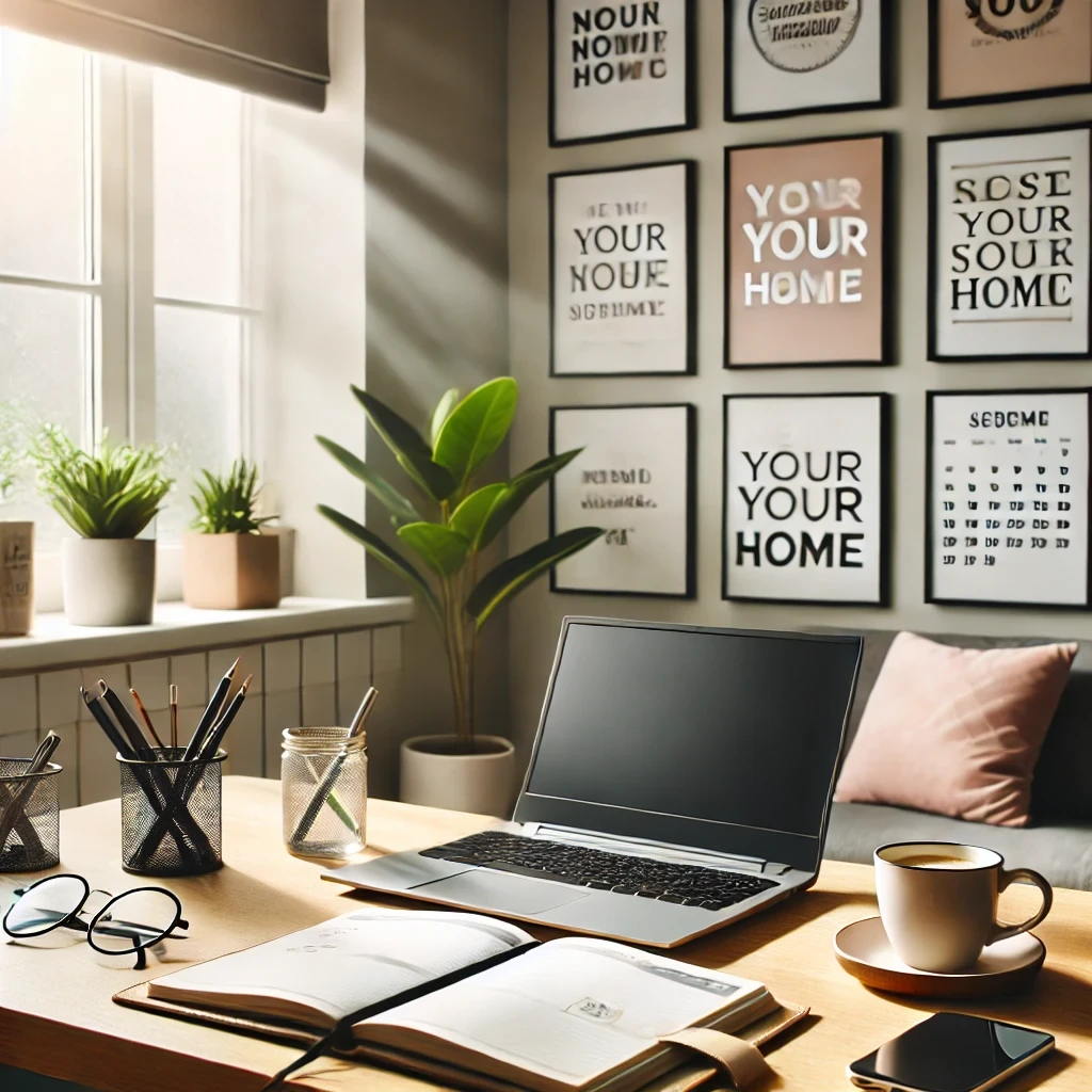 Espaço de trabalho focado e organizado com laptop, planner aberto e xícara de café, criando uma atmosfera produtiva.