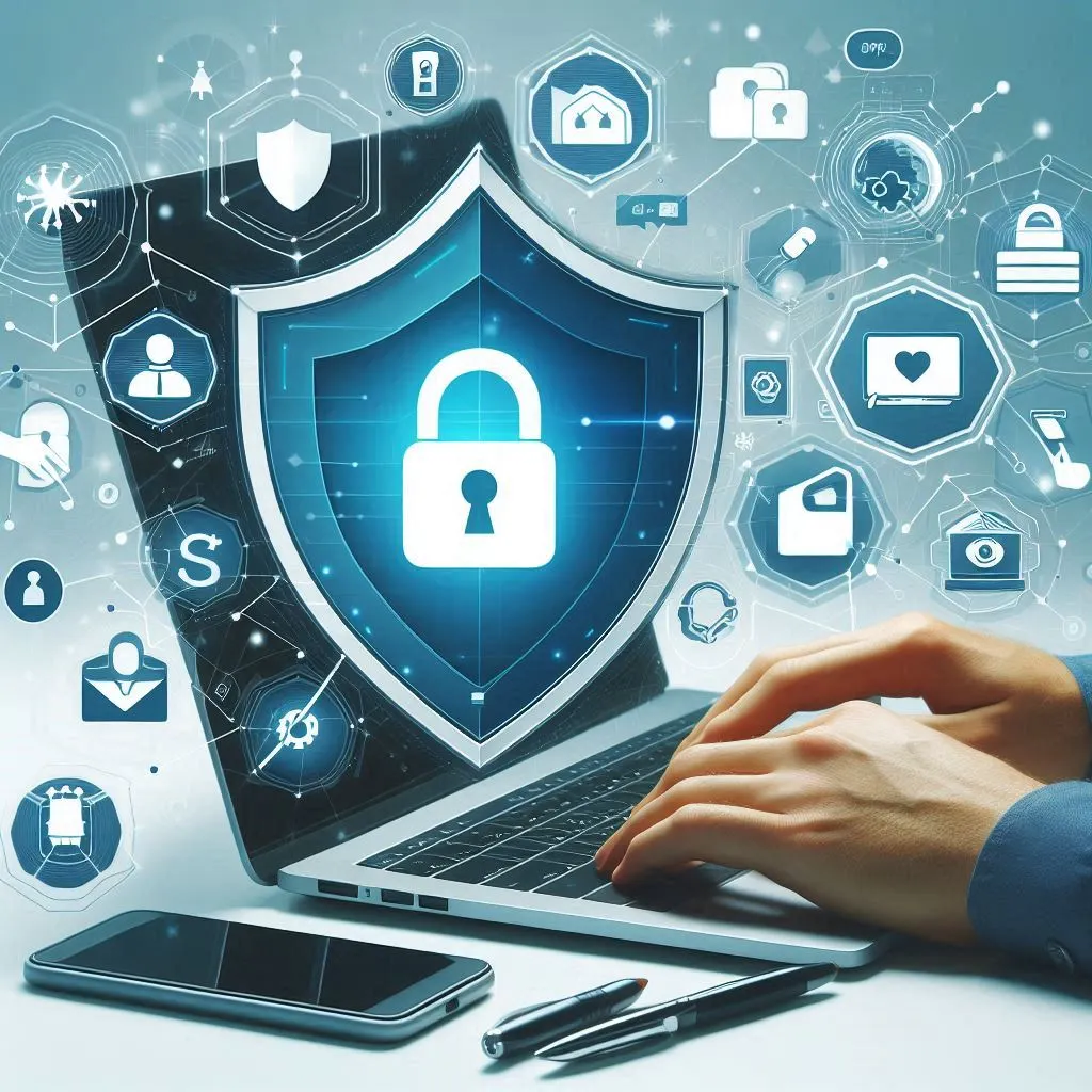 Representação visual de como proteger na era digital, destacando práticas de segurança cibernética, como uso de senhas fortes, navegação segura e proteção de dados pessoais.