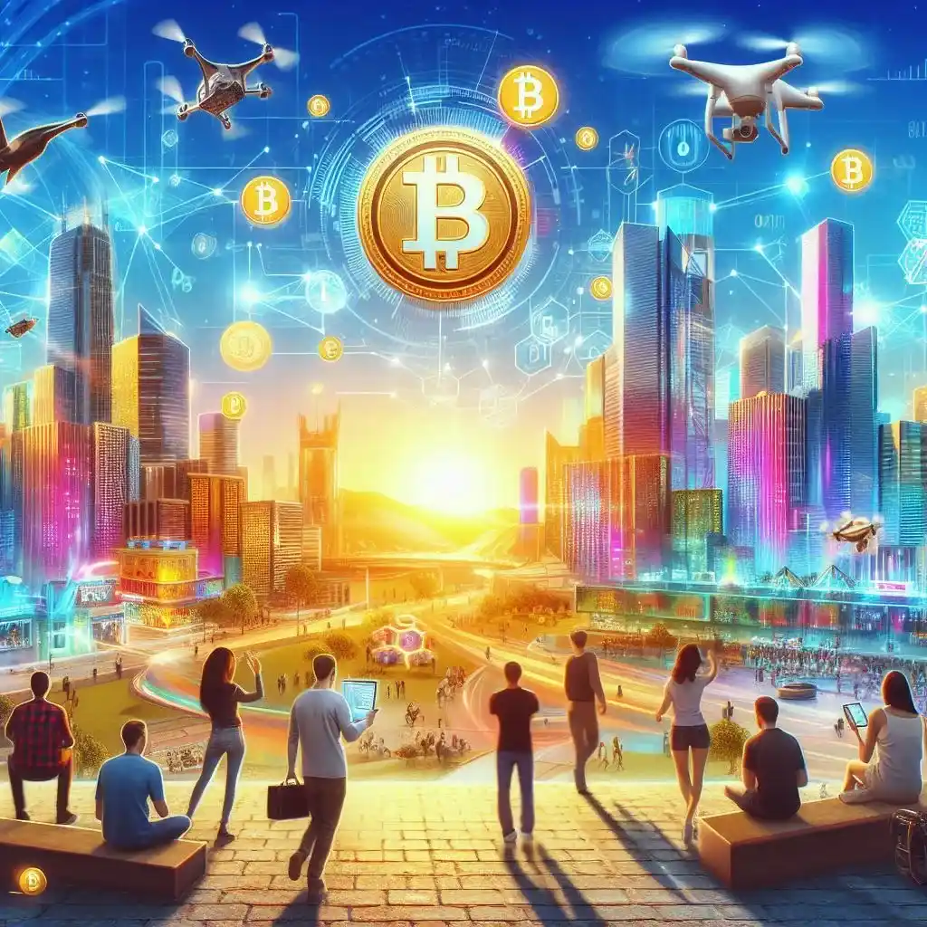 Uma representação simbólica de criptomoedas, com moedas digitais brilhando sobre gráficos de crescimento econômico e uma conexão digital ao fundo.