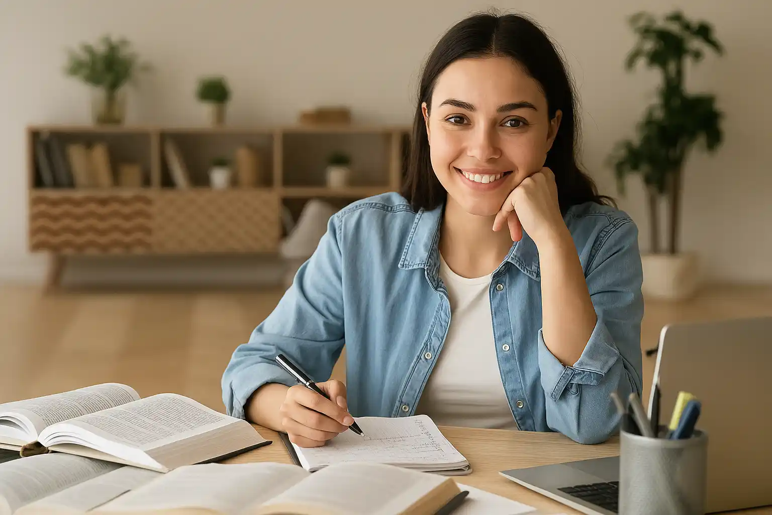Jovem mulher estudando em uma mesa de madeira, cercada por livros e um laptop, em um ambiente iluminado por luz natural.