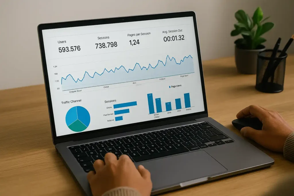 Pessoa analisando métricas de tráfego em um laptop, com gráficos e estatísticas na tela, em um ambiente de trabalho organizado.
