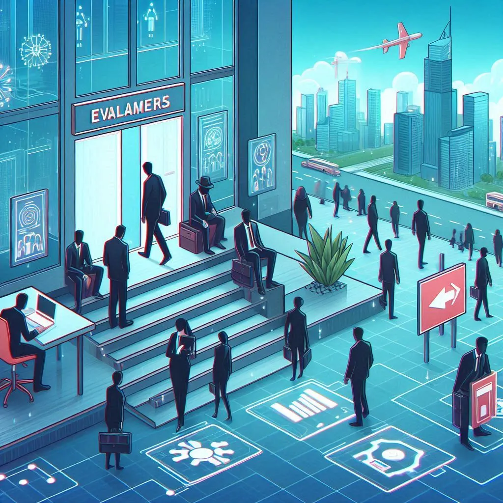 Representação visual das tendências do mercado de trabalho em 2025, com pessoas trabalhando em diferentes setores e elementos tecnológicos que refletem inovação.