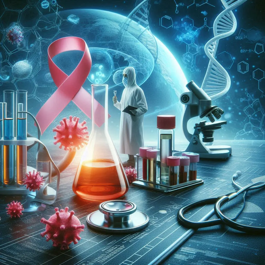 Uma ilustração realista representando os avanços científicos na luta contra o câncer, com elementos como pesquisadores analisando dados, microscópios modernos e gráficos de descobertas médicas.