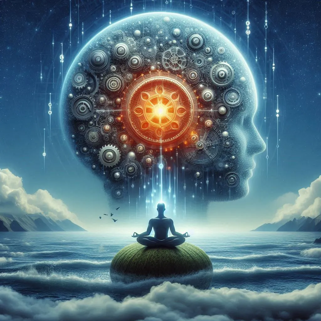 Uma representação realista que explora o impacto da meditação no desenvolvimento pessoal e profissional, mostrando equilíbrio e crescimento.