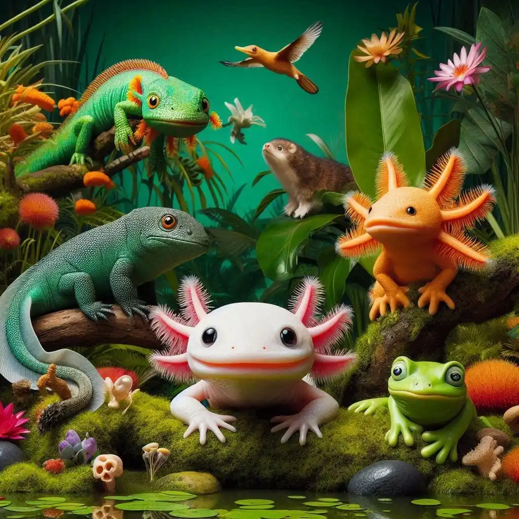 Representação visual de alguns dos animais mais curiosos e estranhos do planeta, como o axolote, o narval e o peixe-pedra, dispostos em cenários que refletem seus habitats únicos.