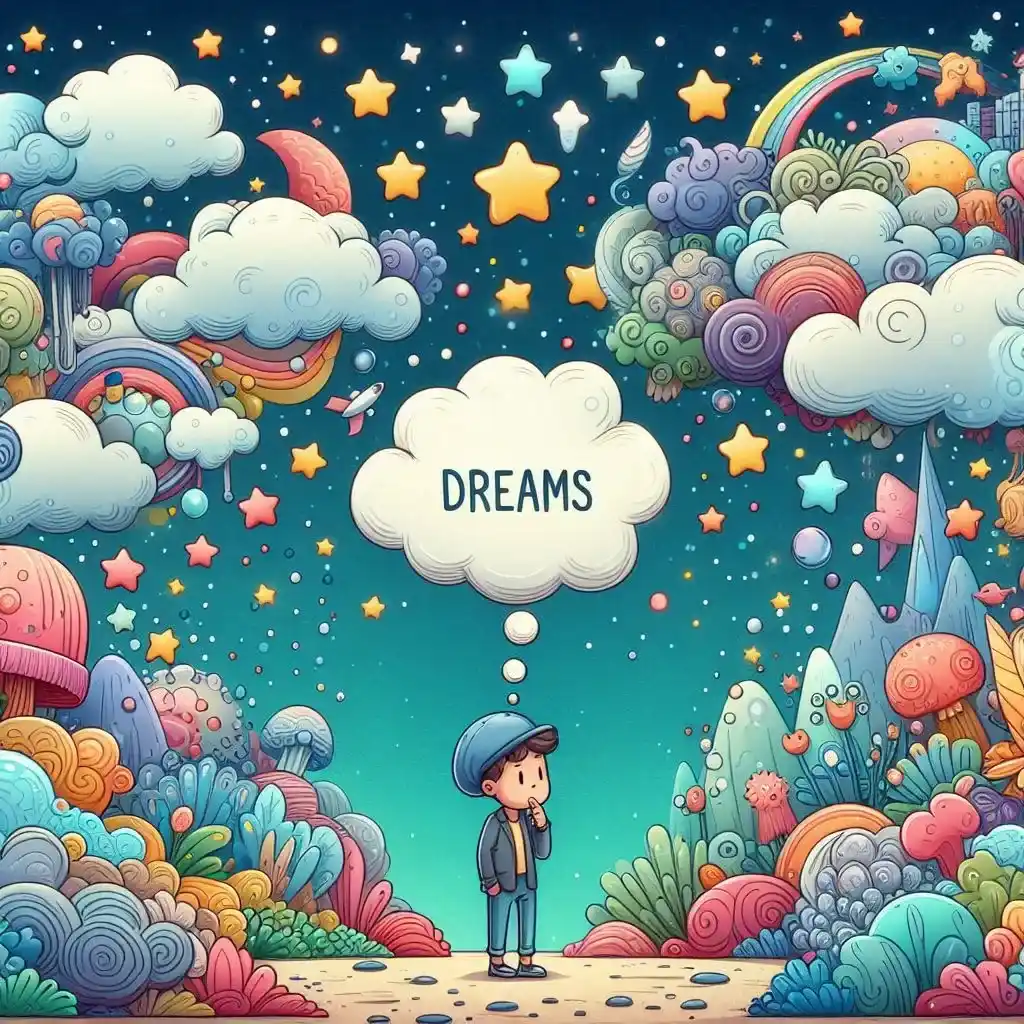 Ilustração abstrata de um cenário de sonho com elementos misteriosos, como nuvens, estrelas e formas sobrepostas que sugerem interpretações oníricas.