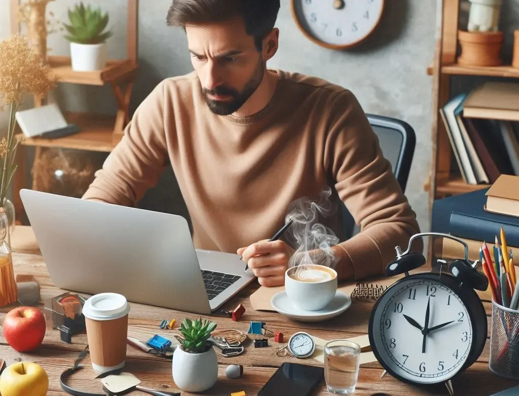 Uma mesa organizada com ferramentas de produtividade como laptop, caderno, caneta e uma xícara de café, destacando uma rotina eficiente e focada.