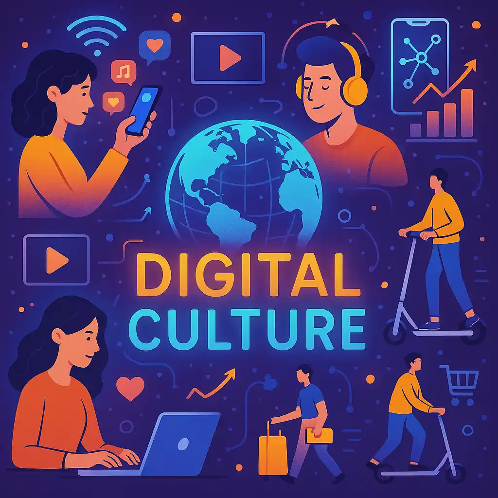 Ilustração colorida mostrando pessoas interagindo com tecnologia digital, como smartphones e laptops, conectadas por ícones que representam comunicação, música, compras e dados ao redor de um globo digital.