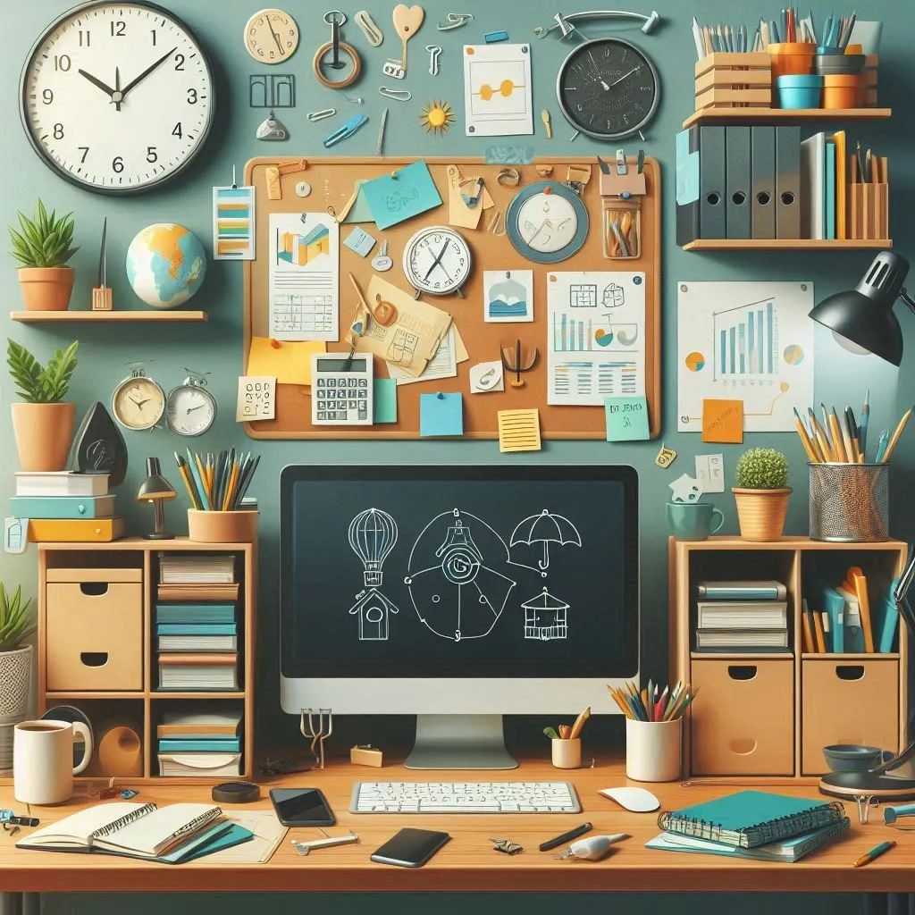 Uma ilustração realista mostrando um espaço de trabalho organizado, com itens como suporte para notebook, iluminação ajustável, organizadores de mesa e plantas decorativas.