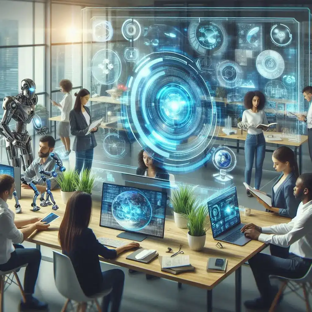 Representação de inovações tecnológicas emergentes, mostrando o futuro da inteligência artificial, robótica e sustentabilidade.