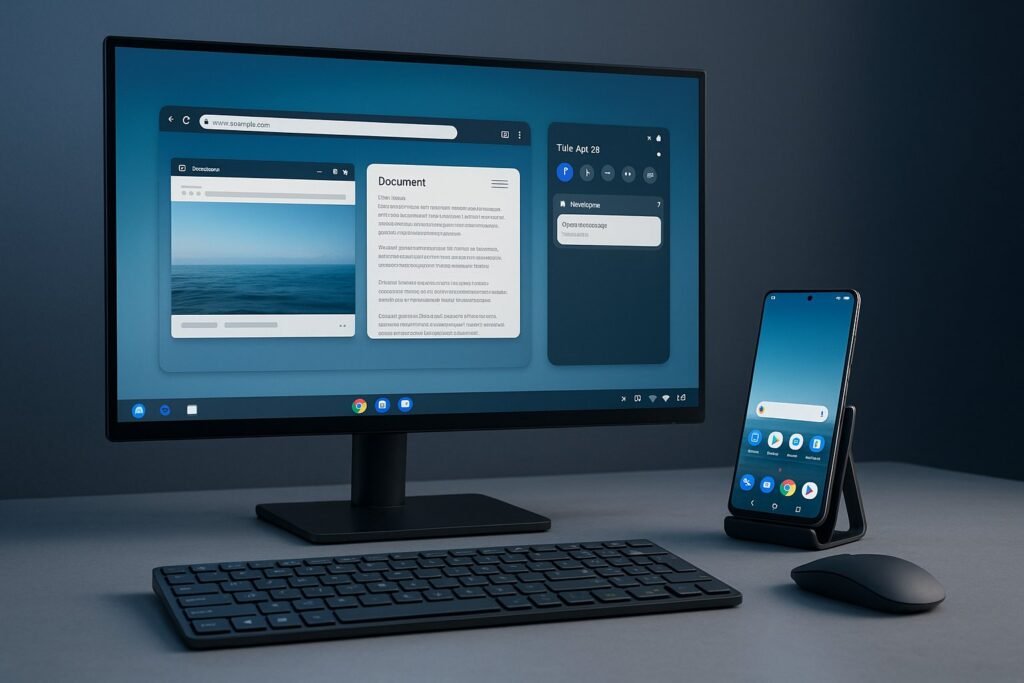 Ambiente de trabalho moderno com smartphone Android conectado a monitor externo exibindo interface de desktop, teclado e mouse wireless posicionados à frente.