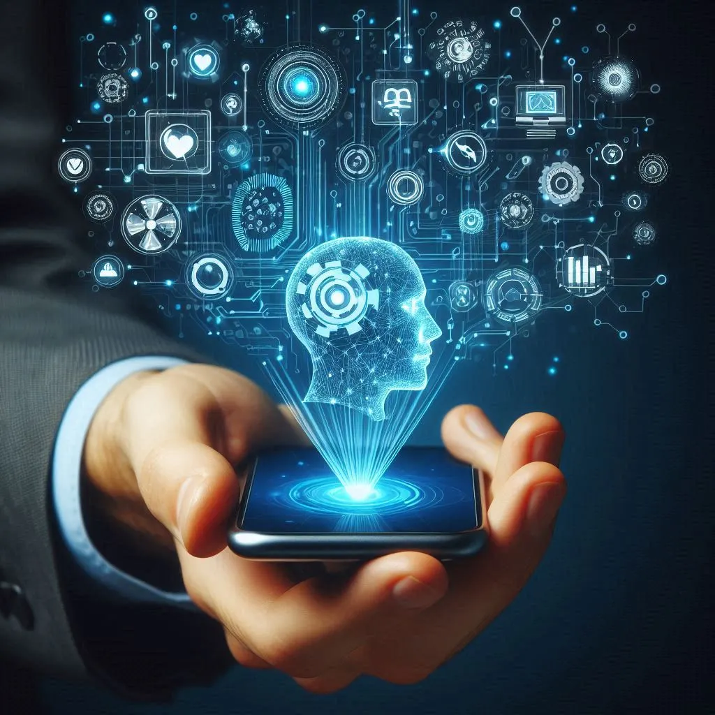 IAS portáteis da OpenAI Ilustração estilizada de uma mão segurando um dispositivo portátil, como um smartphone, com elementos gráficos que representam inteligência artificial, como circuitos digitais e ícones de dados flutuando ao redor.